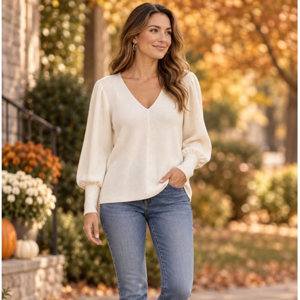 1.STATE XXL Cream Winter White Ribbed V Neck Balloon Sleeve Top NWT